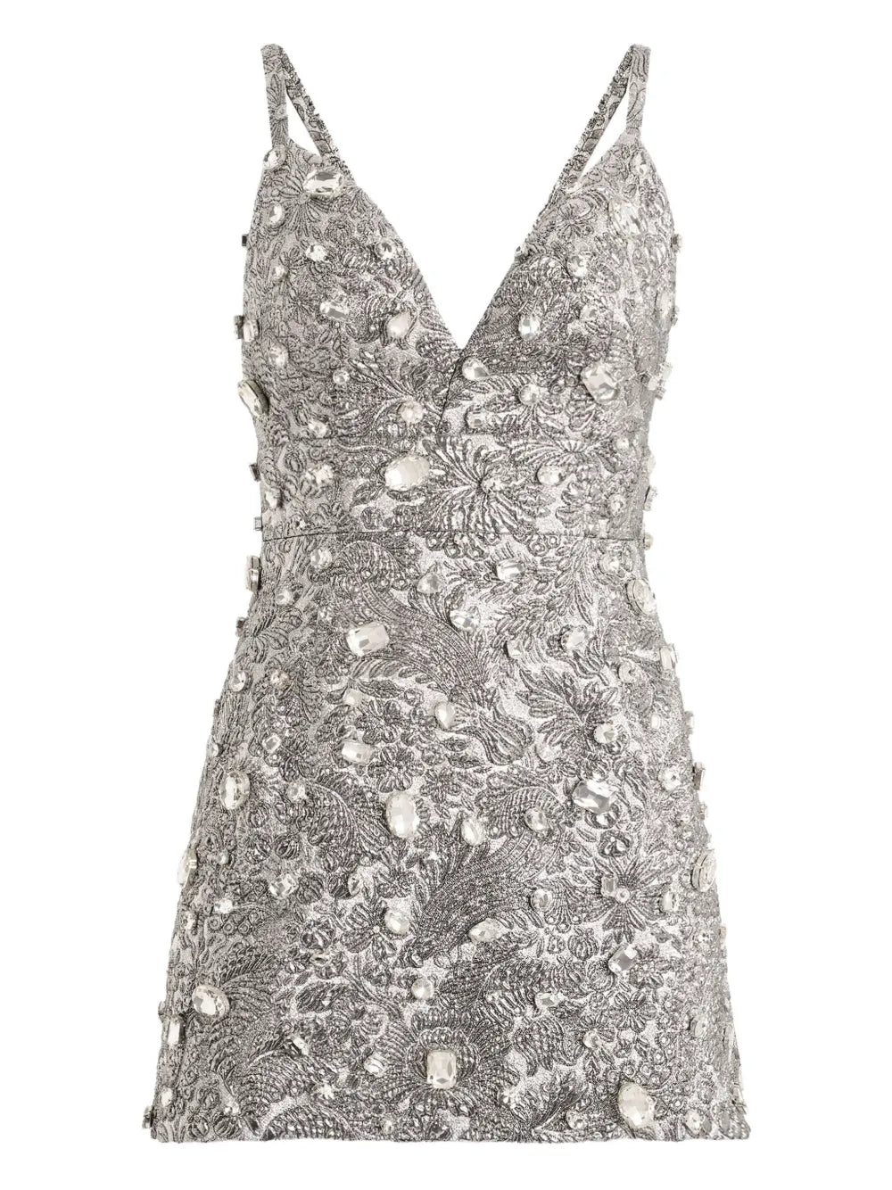 Dolce Gabbana Floral Jacquard Mini Dress — Silver — Size XS — Front View