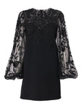 Carolina Herrera Embroidered Fuff Sleeve Mini Dress — Black/ Red — Size M — Front View