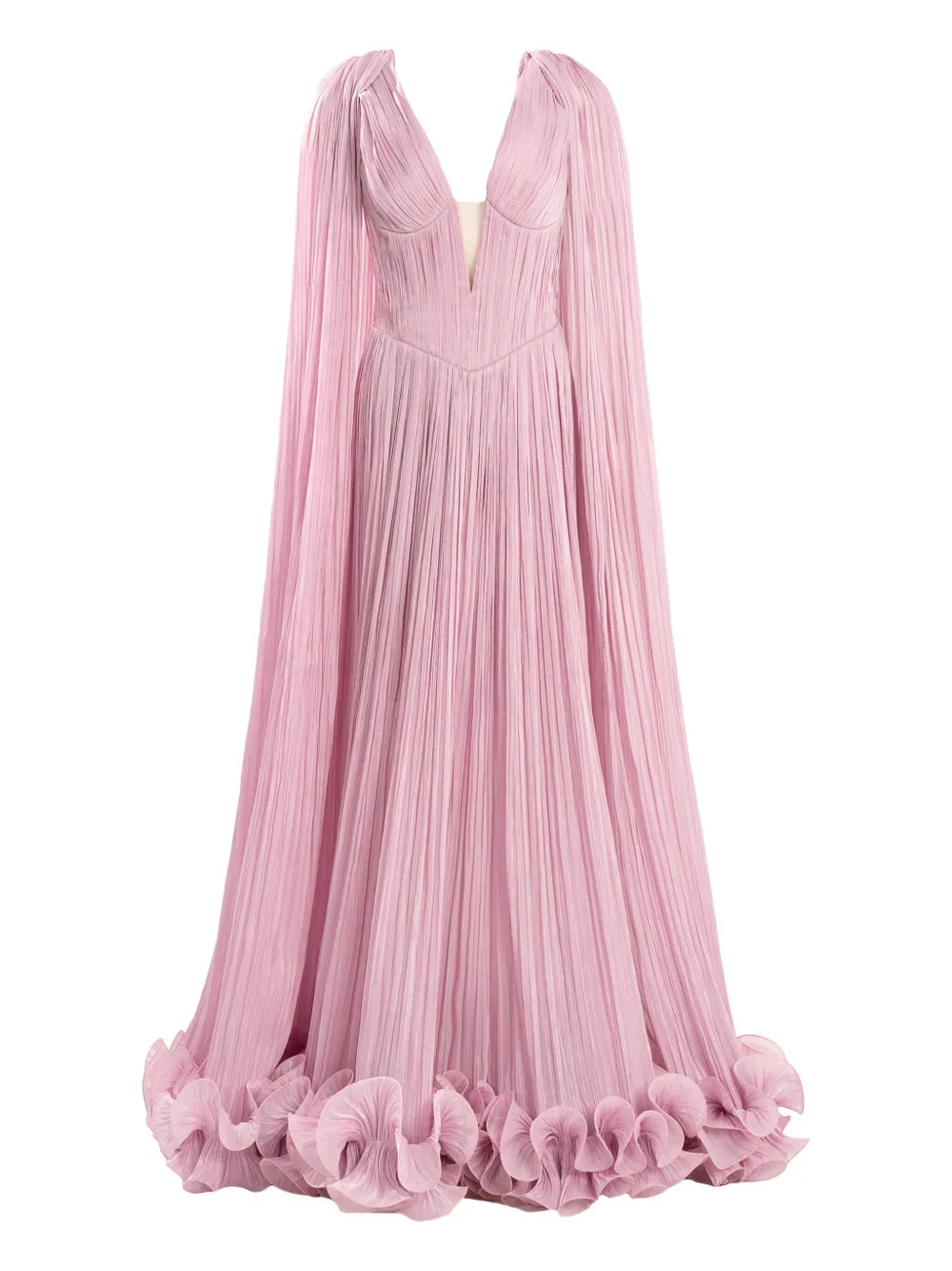 Ana Radu Cape Pleated Ruffle Maxi Dress — Pink — Size S — Front View