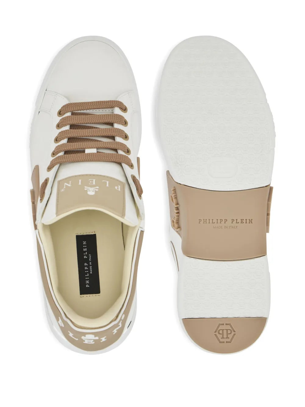 Philipp Plein Phantom Kick$ Logo-Plaque Low-Top — Beige — Size US M 3.5 - US W 5 — Top View