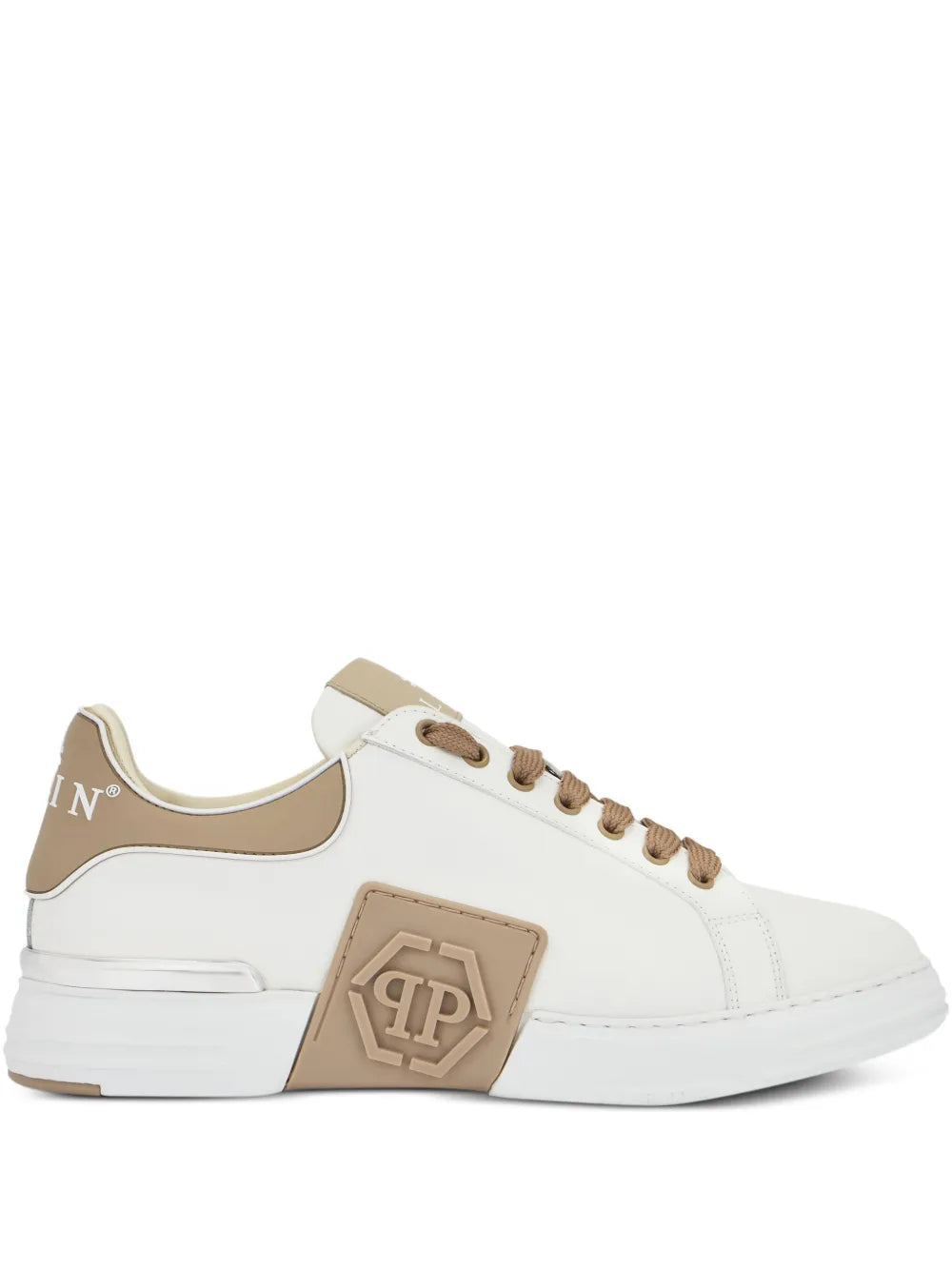 Philipp Plein Phantom Kick$ Logo-Plaque Low-Top — Beige — Size US M 3.5 - US W 5 — Front View