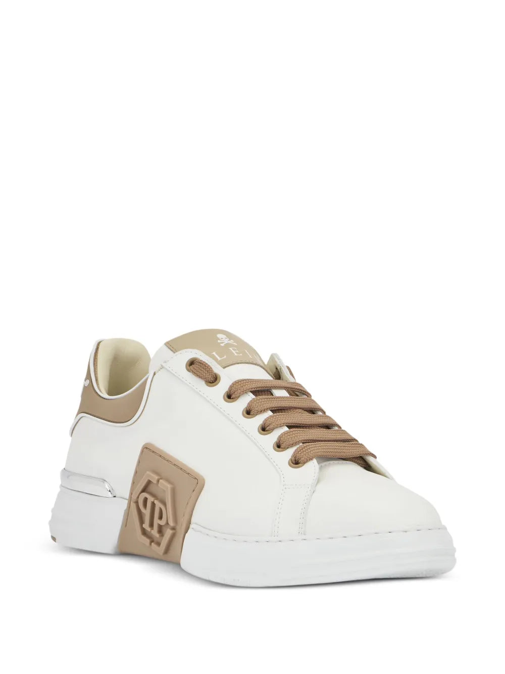 Philipp Plein Phantom Kick$ Logo-Plaque Low-Top — Beige — Size US M 3.5 - US W 5 — Side View