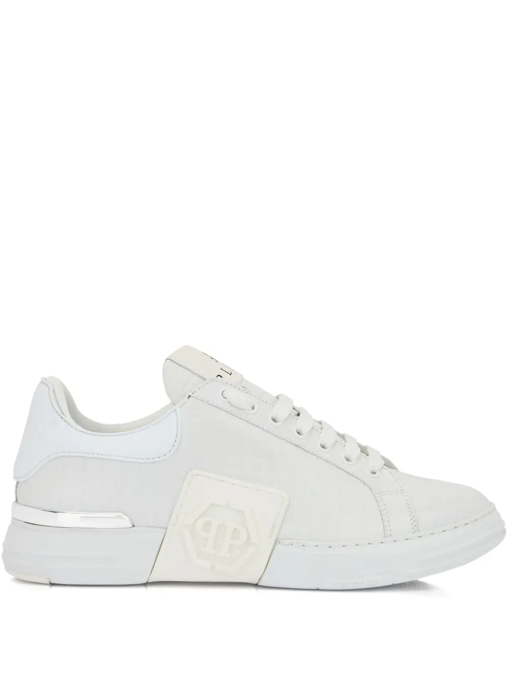 Philipp Plein Phantom Kick$ Logo-Embossed Low-Top — White — Size US M 3.5 - US W 5 — Front View