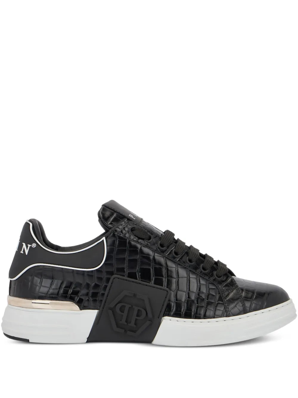 Philipp Plein Phantom Kick$ Cocco Embossed Low-Top — Black — Size US M 3.5 - US W 5 — Front View