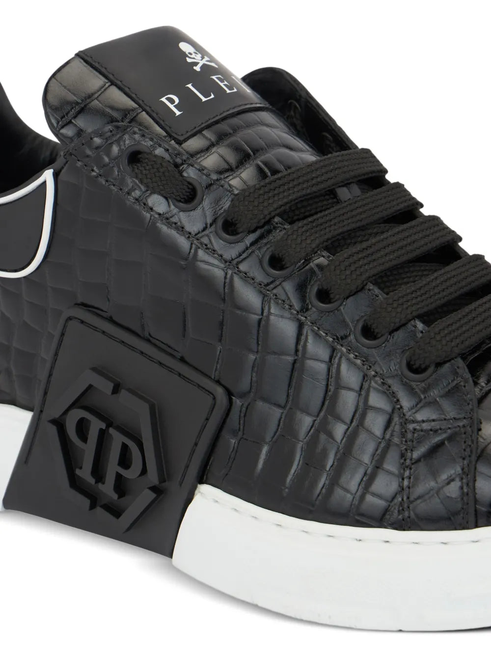 Philipp Plein Phantom Kick$ Cocco Embossed Low-Top — Black — Size US M 3.5 - US W 5 — Detail View