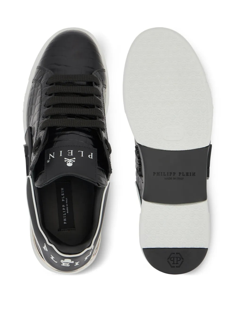 Philipp Plein Phantom Kick$ Cocco Embossed Low-Top — Black — Size US M 3.5 - US W 5 — Top View