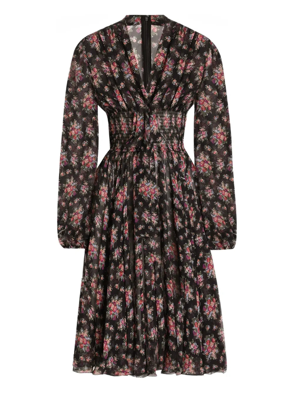 Dolce Gabbana Long Sleeves Floral Midi Dress — Black — Size XS — Front View