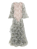 Miau By Clara Rotescu Ruffled Effect Floral Print Maxi Dress — Grey/ Red — Size XS — Front View
