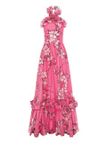 Leo Lin Isabelle Ruffled Floral Maxi Dress — Red/ Pink — Size XS — Front View