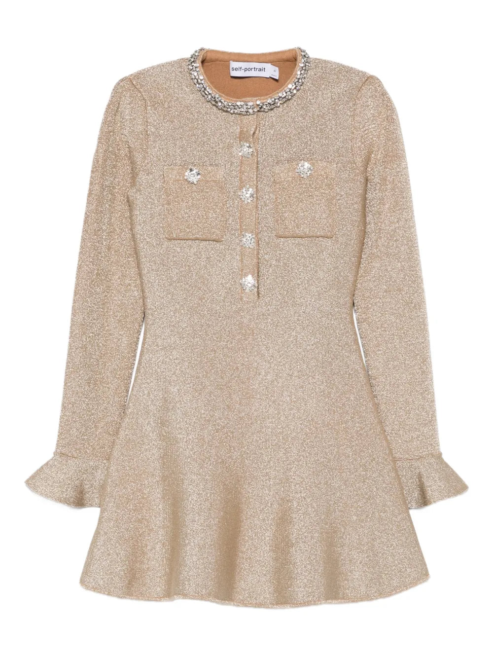 Self Portrait Embellished Ruffled Mini Dress — Gold — Size XS — Front View