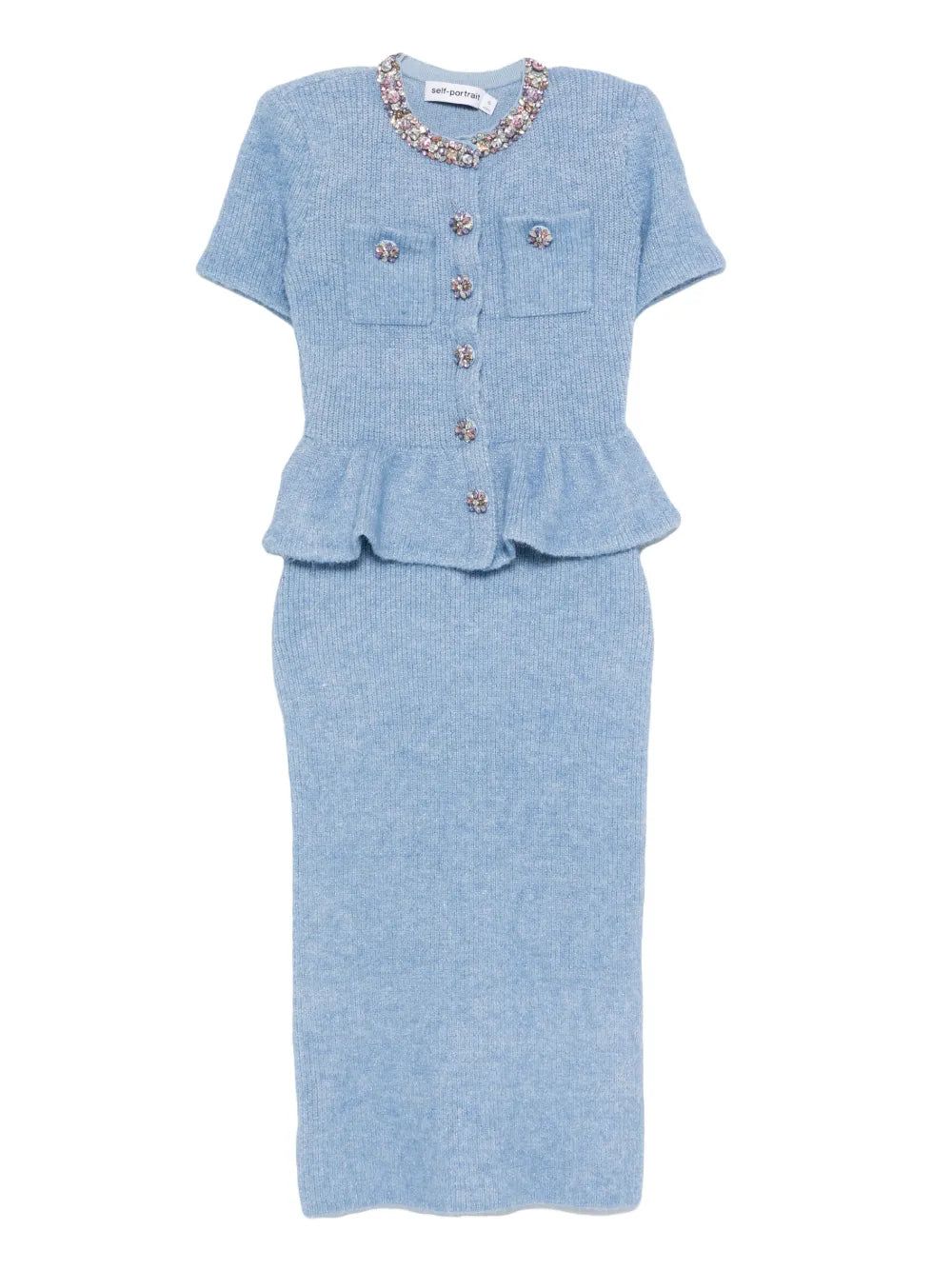 Self Portrait Peplum Knitted Midi Resses — Blue — Size XS — Front View