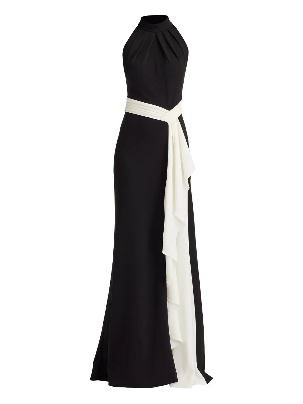 Tadashi Shoji Halterneck Draped Gown — Black — Size M — Front View