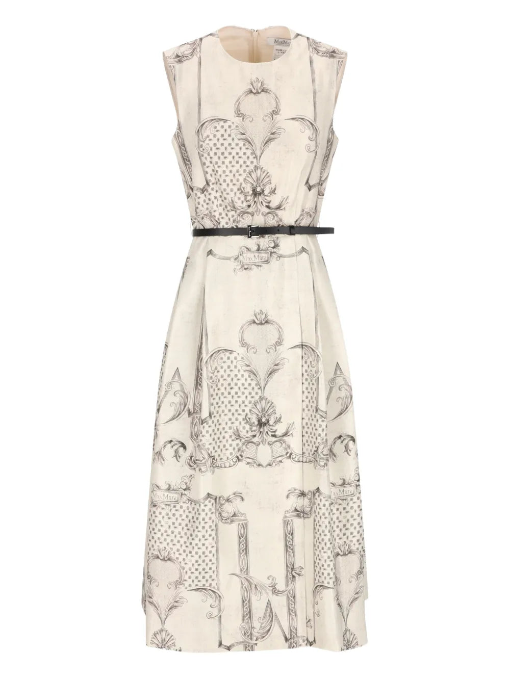 Max Mara Printed Belted Midi Dress — White/ Ivory — Size S — Front View
