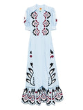 Farm Rio Embroidered Puff Sleeve Maxi Dress — Blue/ Red — Size XS — Front View