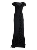 Tadashi Shoji Ruffled Pleated Maxi Dress — Black — Size XS — Front View