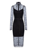 Murmur Mist Lace Belted Midi Dress — Black — Size XS — Front View