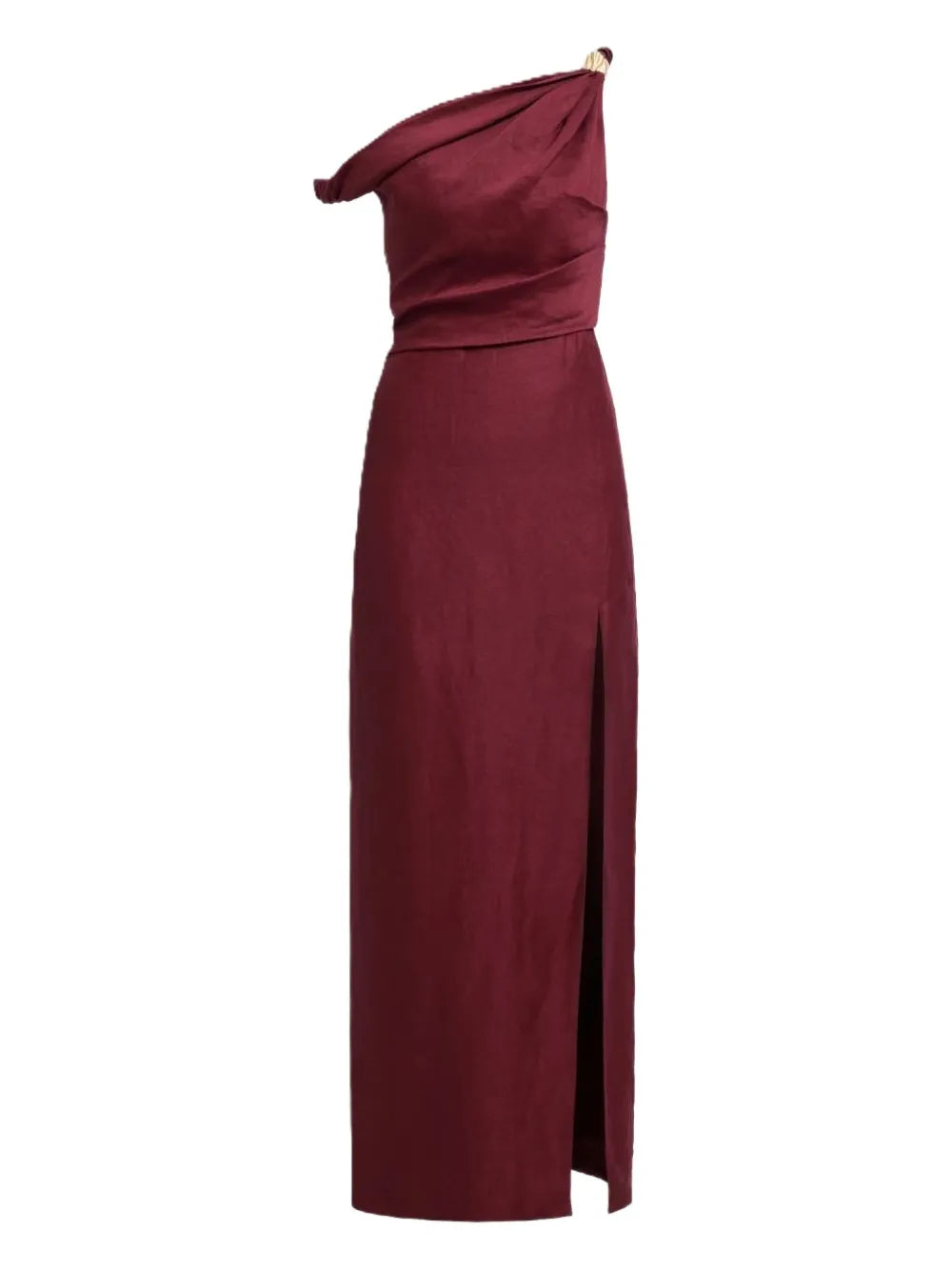 Aje Bridgette Asymmetric Shoulder Slit Midi Dress — Gold — Size L — Front View