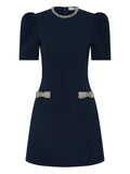 Rebecca Vallance Nemy Embellished Puff Sleeve Mini Dress — Blue/ Navy — Size XS — Front View