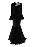Miau By Clara Rotescu Bell Sleeve Embellished Maxi Dress — Black — Size XS — Front View