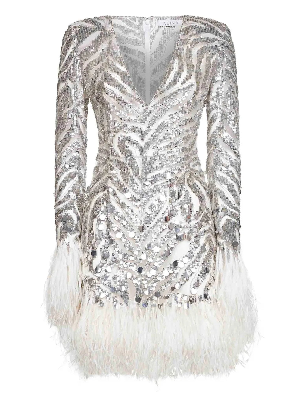 Alina Sequin Feather Embroidered Dress — Grey/ Red — Size XS — Front View