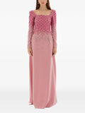 Dina Melwani Crystal Grid Embroidered Gown — Red/ Pink — Size XS — Front View