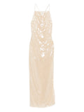 Oseree Marylin Sequin Embellished Dress — Beige — Size XS — Front View