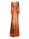 Gemy Maalouf Long Sleeve Embroidered Maxi Dress — Red/ Orange — Size S — Front View