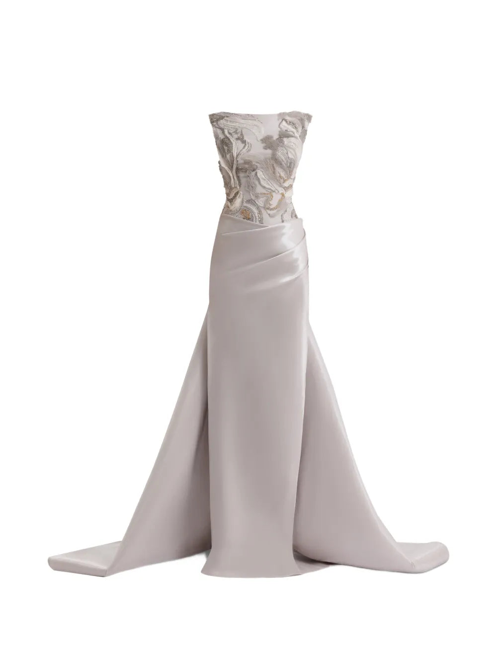 Gemy Maalouf Embroidered Draped Maxi Dress — Grey/ Red — Size XS — Front View