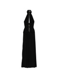 Elisabetta Franchi Halterneck Pleated Maxi Dress — Black/ Gold — Size XS — Front View