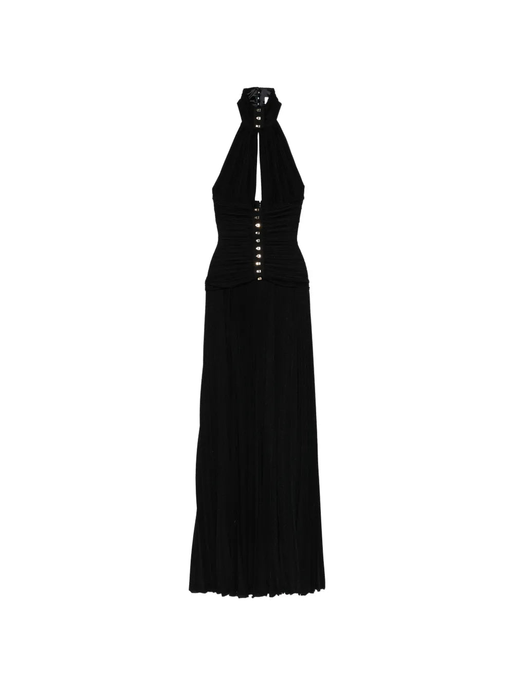 Elisabetta Franchi Halterneck Pleated Maxi Dress — Black/ Gold — Size XS — Front View