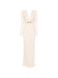 Elisabetta Franchi Long Sleeve V Neck Maxi Dress — Beige — Size S — Front View